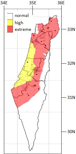Fig. 1: The forecasted fire probability over Israel on May 30, 2013 (an extremely hot and dry day).