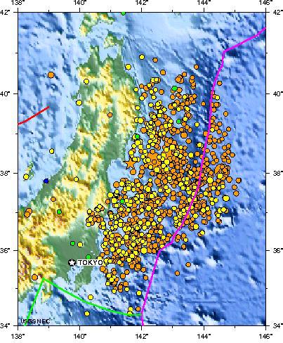 Plotted are earthquakes in 2011 in the northern Honshu region as determined by the US Geological Survey National Earthquake Information Center. M9.
