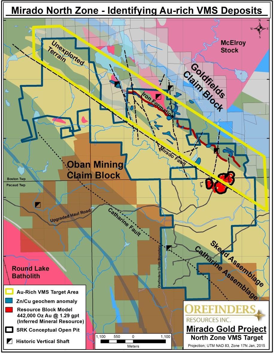 North Zone: Au Rich VMS Mineralization +9 km of favourable stratigraphy with Multiple Au-rich polymetallic cross-stratigraphic structures Au-Ag-Zn-Cu horizons identified in drill