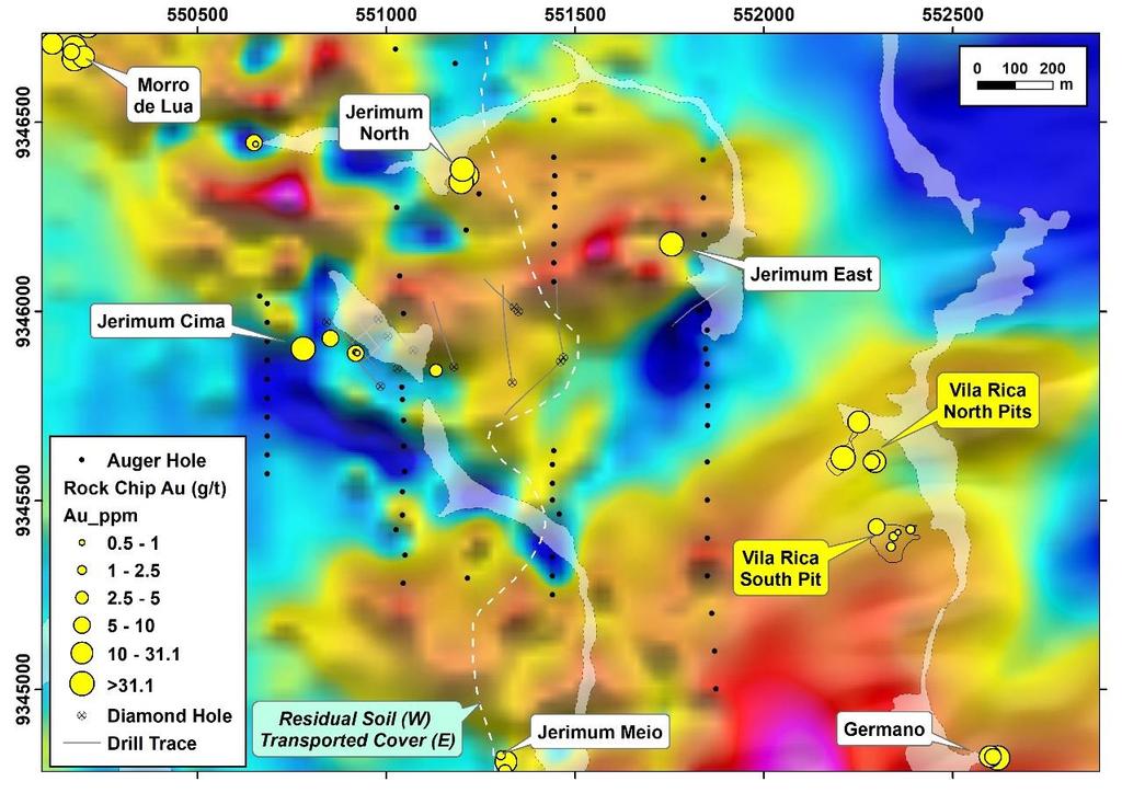 Figure 2: Location of the Vila Rica Area (east), in relation to surrounding prospects. Auger hole locations are marked (assays pending), along with past diamond drilling at Jerimum Cima.