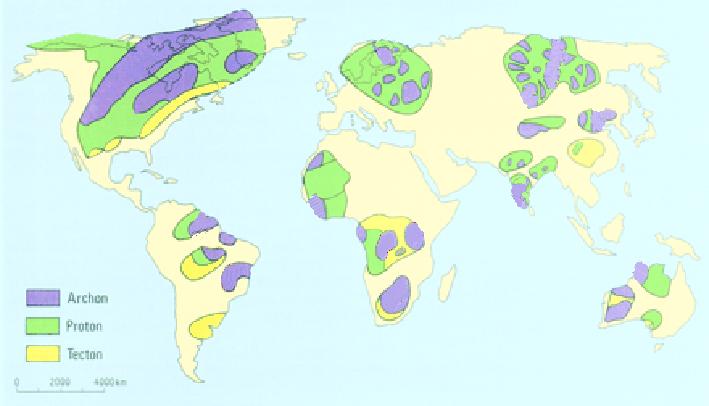 Globe Map showing the locations of samples considered in the study Global distribution of continental cratons different in age as indicated in the fields.