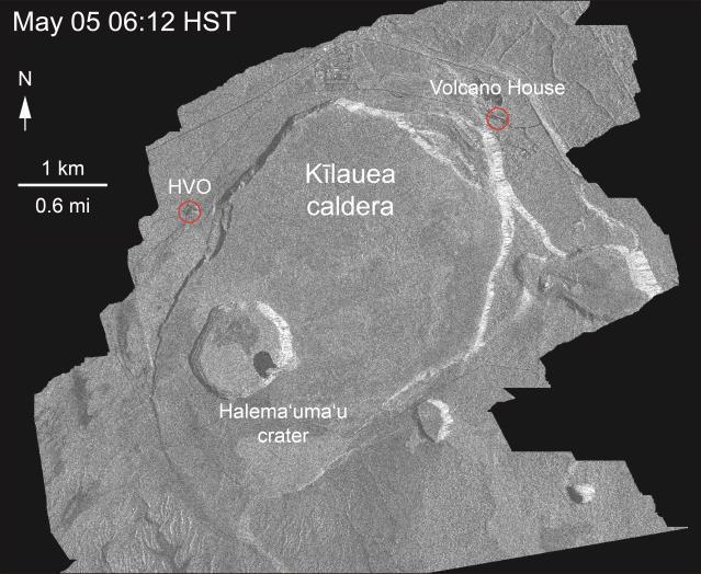 Cosmo-SkyMed amplitude data from before (left) and after (right) collapse of Kīlauea s summit caldera. Images are registered to a LIDAR DEM, which has no data in areas that are black.