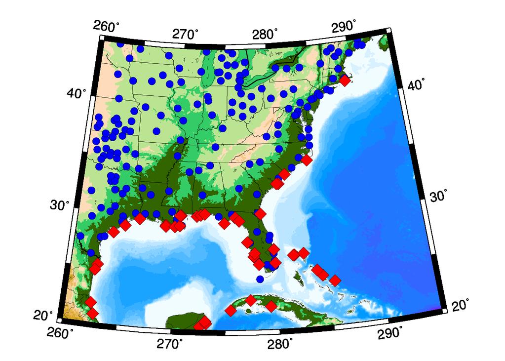 What is the impact of continuous estimates of PW on hurricane intensity forecasts? The map on the left shows GPS stations (in blue), and locations of hurricane landfall.