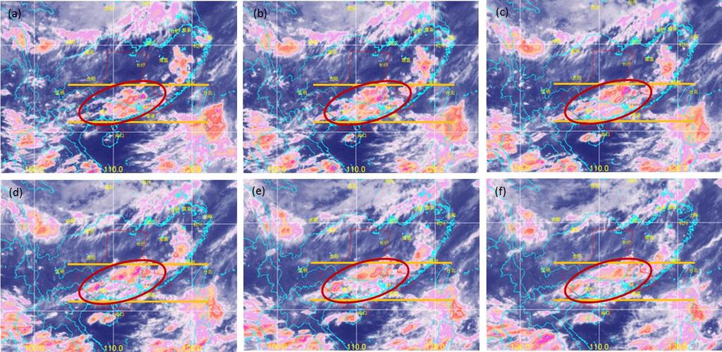 Appendix A-8 Figure A-7. FY2E satellite cloud images at (a) 2011-07-09-08-32, (b) 2011-07-09-09-32, (c) 2011-07-10-08-32, (d) 2011-07-11-08-32, (e) 2011-07-12-08-32, (f) 2011-07-13-08-32.