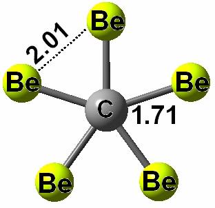 CBe 5 D 5h E Tot. = -111.650965437 a.u. (B3LYP/aug-cc-pVTZ) ZPE = 8.02118 kcal/mol HOMO-LUMO Gap = 1.32 ev NImag = 0 ν Min. = 196.2 cm 1 Cartesian Coordinate (Å) Be 1.