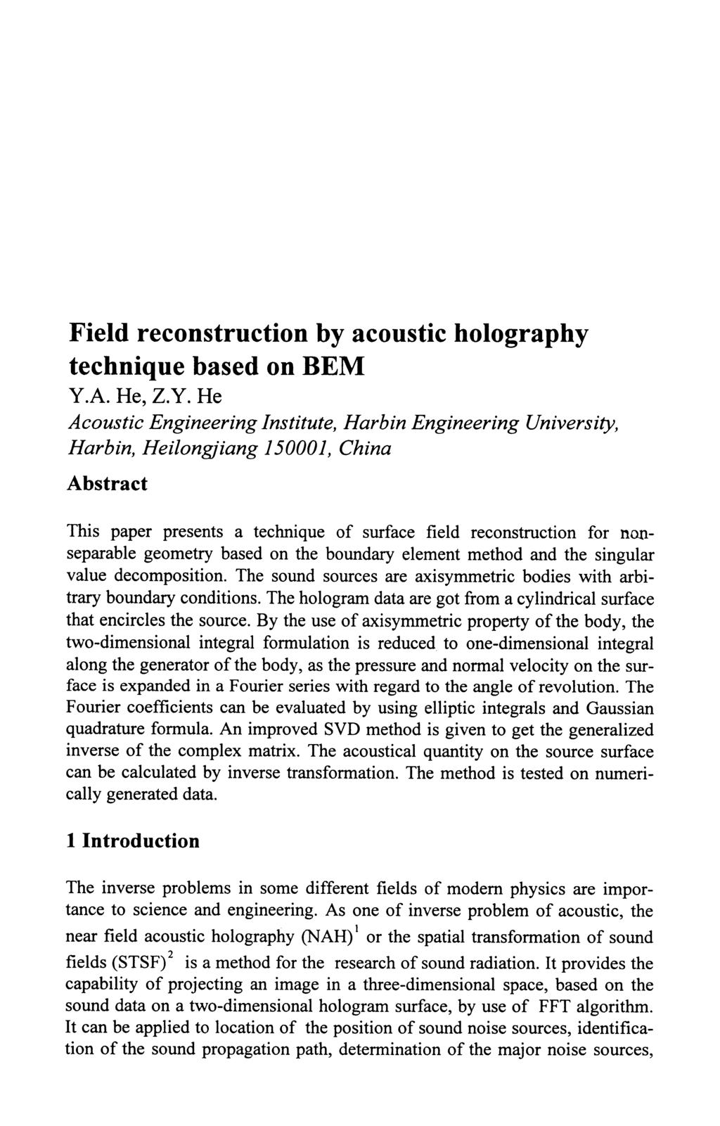 Field reconstruction by acoustic holography technique based on BEM Y.