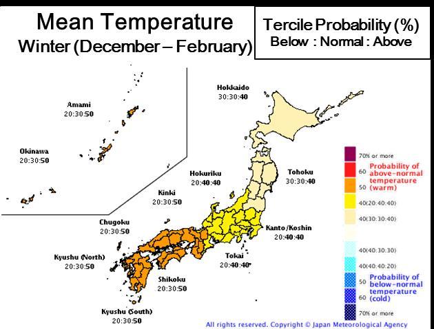Cold Season Outlook for Winter 2018/2019 in Japan JMA issued its outlook for the coming winter (December 2018 February 2019) over Japan in September and updated it in November based on the Agency s