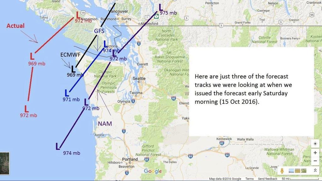 trajectory Credit: NWS Seattle Facebook Several model forecasts of storm center initialized on 15