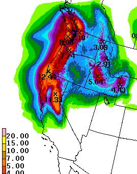 Forecasted Many of the wettest mountain areas were under forecasted Observed Maxima over the N.