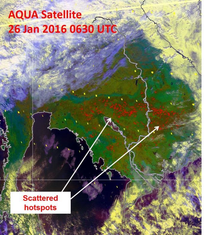 Figure 2D: AQUA satellite image on 26 January 2016 shows increased hotspot activities over Cambodia as