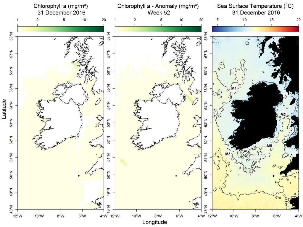 CELTIC SEA IRISH SEA Ireland Satellite data: surface chlorophyll and temperature maps Most up to date available satellite data SST (ºC) anomaly for last week: Data taken from the Irish data buoy