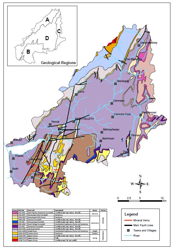 Contaminant dispersal, especially from Dylife mine in the Twymyn catchment, coupled with some distinct geological regions, provides a geochemical signature within