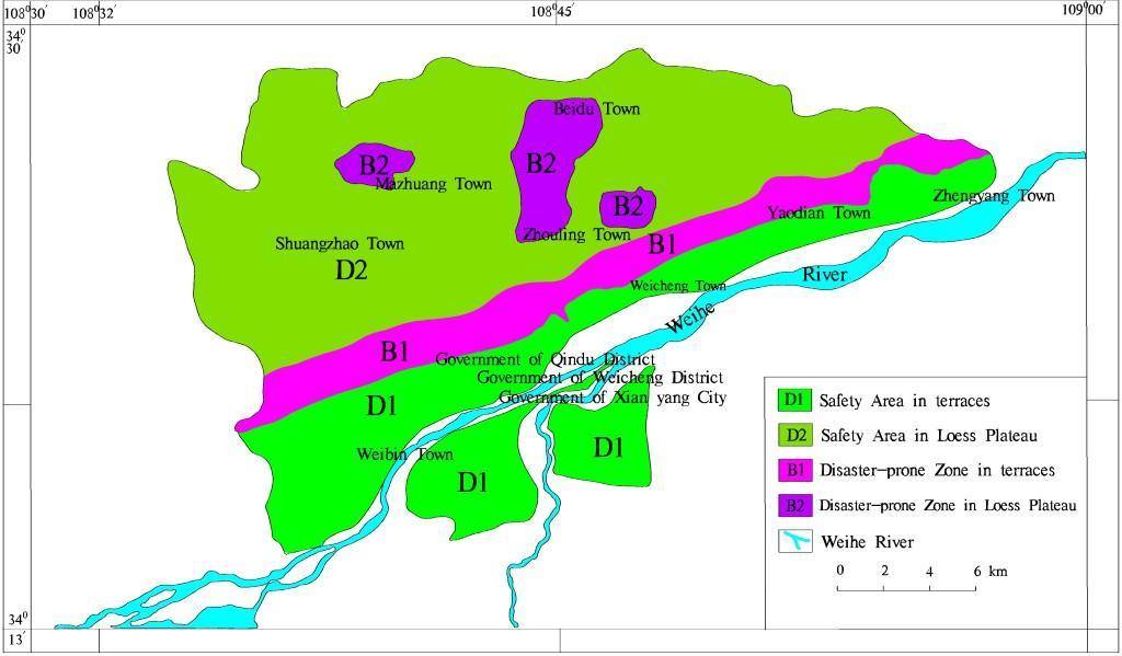 geological disaster prone zones (B1 and B2), 2 safety zones (D1 and D2) with qualitative analytical method. The zonal map is shown in Figure 3.