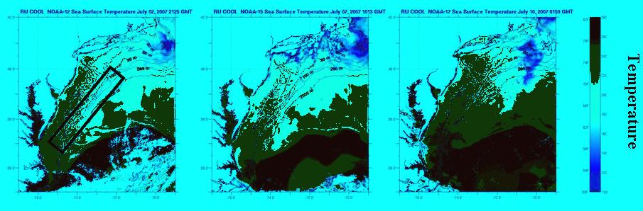 Figure 1. Sea surface temperature maps of the Mid-Atlantic Bight during the PIMMS Spritz cruise. The ship sampling was concentrated in the bold line box.