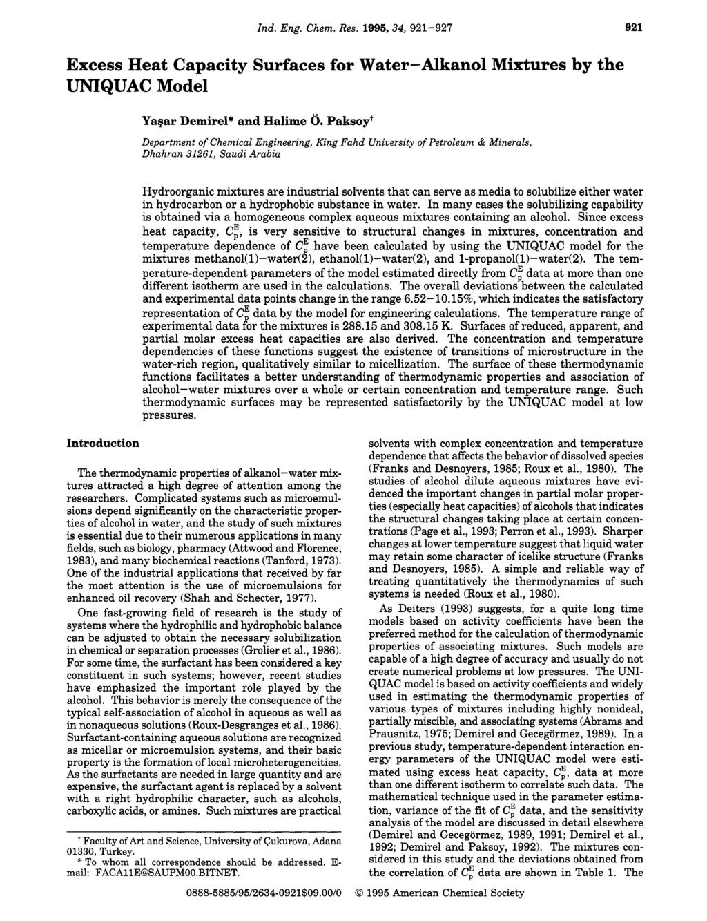 Ind. Eng. Chem. Res. 1996,34, 921-927 92 1 Excess Heat Capacity Surfaces for Water-Alkanol Mixtures by the UNIQUAC Model Yagar Demirel* and Halime 6.