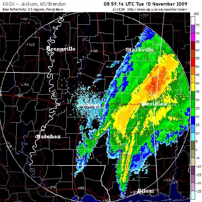 Jackson radar image from 2:59 a.m. CST on Tuesday, November 10 as Tropical Storm Ida approached the northern Gulf Coast.