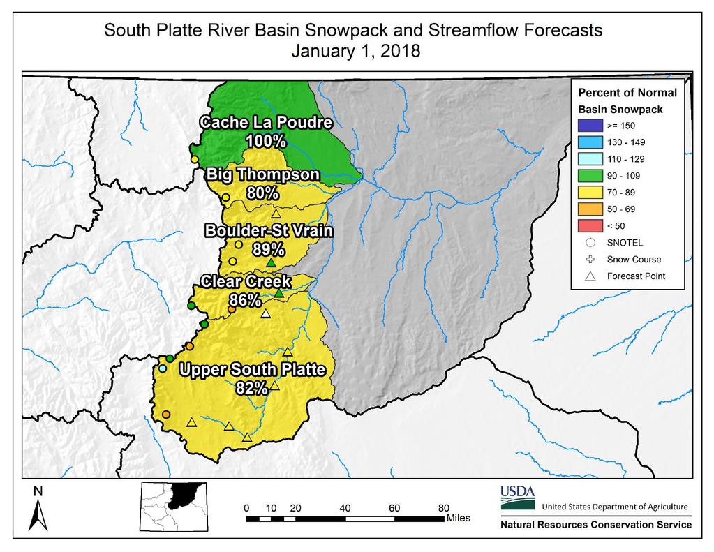 Watershed Snowpack Analysis January 1, 2018 # of Sites % Median Last Year % Median BIG THOMPSON BASIN 3 80% 114% BOULDER CREEK BASIN 3 92% 122% CACHE LA POUDRE BASIN 2 100% 95% CLEAR CREEK