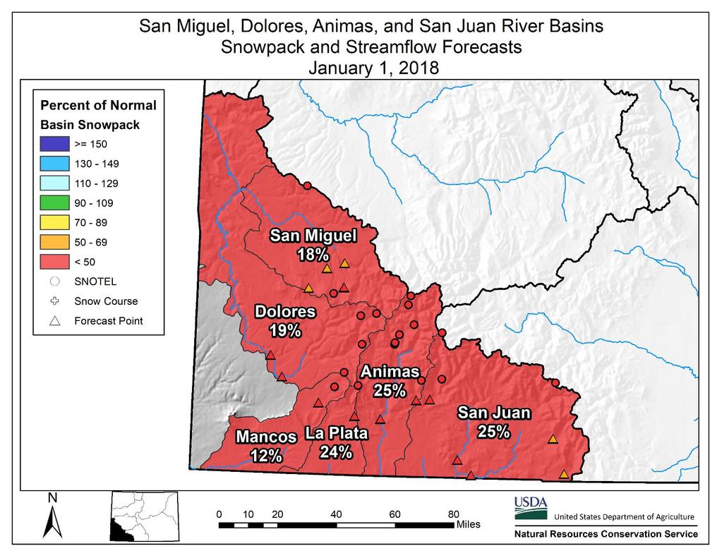 Watershed Snowpack Analysis January 1, 2018 # of Sites % Median Last Year % Median ANIMAS RIVER BASIN 9 25% 113% DOLORES RIVER BASIN 5 19% 142% SAN MIGUEL RIVER