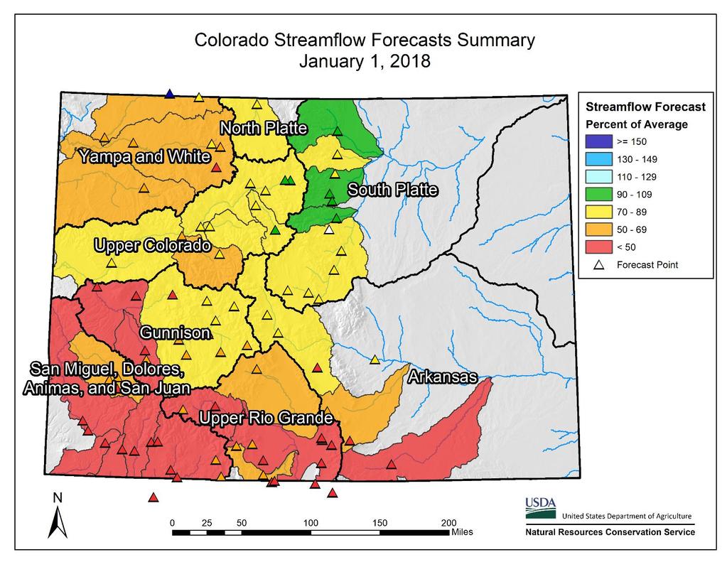 Streamflow The current range of streamflow forecasts do not provide an optimistic outlook for superfluous runoff in Colorado this spring.