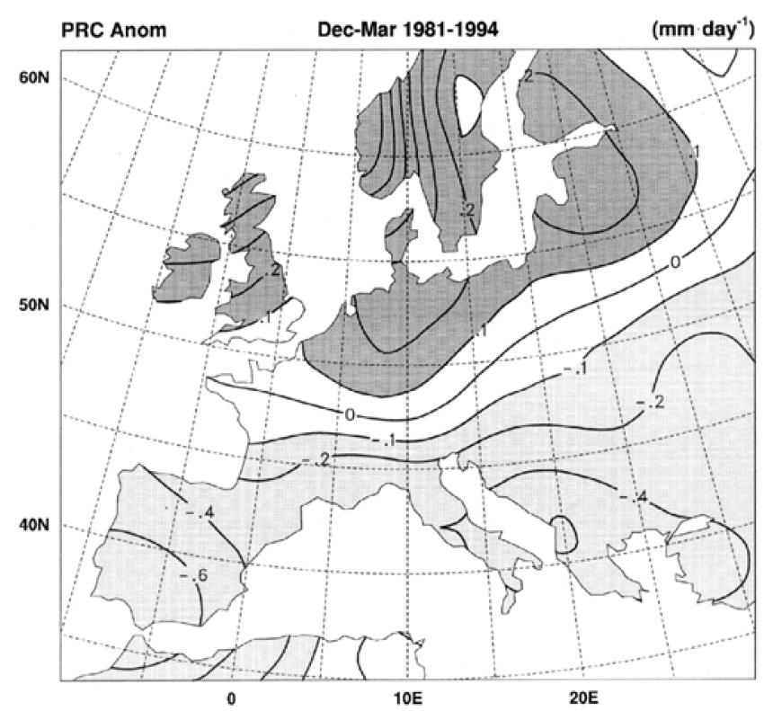 Impacts of the unusual 1980s and early 1990s on Precipitation in Europe 1981 1994 DJFM average precipitation anomalies (mm day -1 ) expressed as