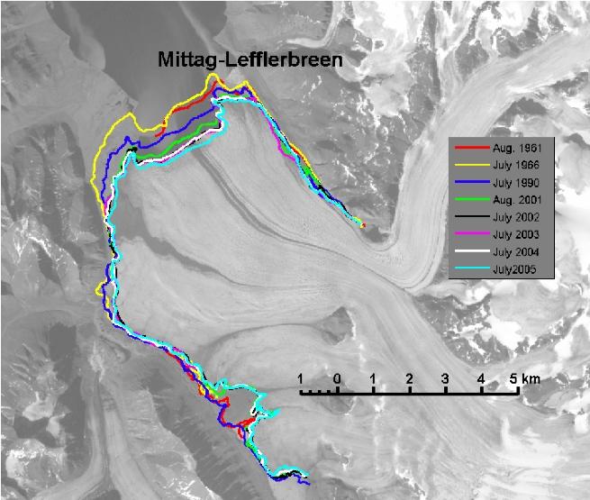 Major Findings The advantage of using satellite imagery to map changes in glacier extent is that, compared to fieldwork, extensive areas can be mapped repeatedly at relatively low cost.
