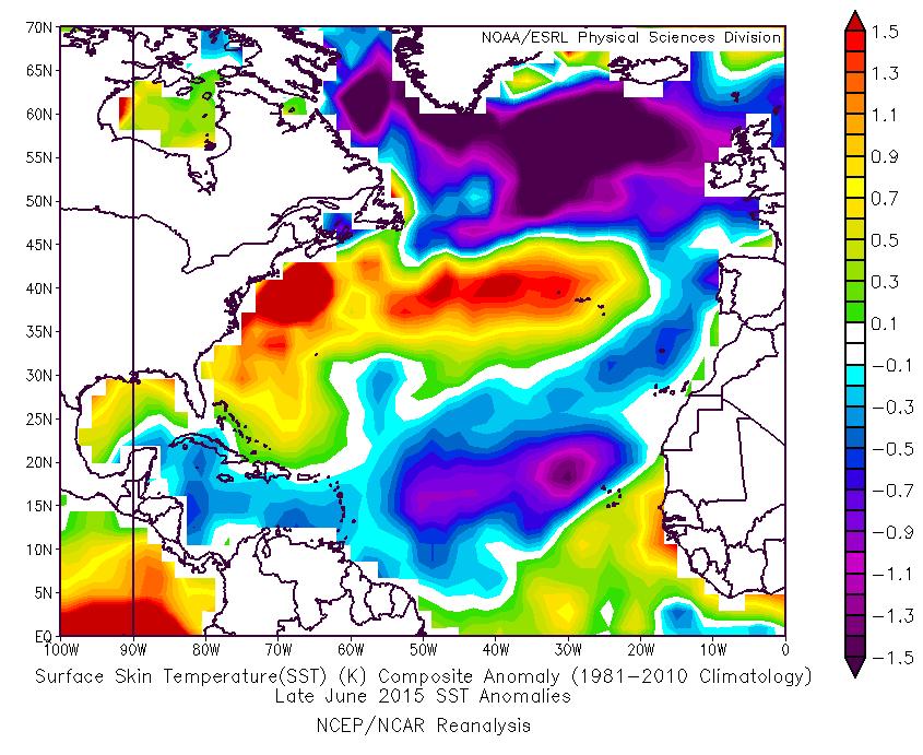 Figure 5: Late June SST anomalies across the Atlantic. Levels of vertical wind shear across the Caribbean are quite strong (Figure 6).