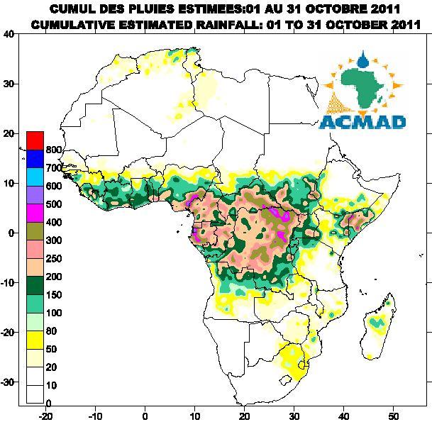 1.3 Rainfall The figure 3 below on estimated cumulative rainfall shows spatial distribution of rainfall along with observed amounts where: North Africa countries had rainfall amounts of rainfall