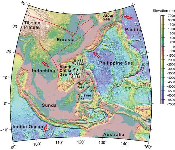 Topography and bathymetric map the South China Sea, showing the location of the drilling Sites.