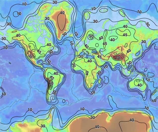 A.1) The Earth s Crust is very thin! Contour lines (isolines, iso=same) are in Km (USGS) 5 x 5 degree gridded crustal model CRUST 5.1 (Mooney et al., 1998) http://earthquake.usgs.