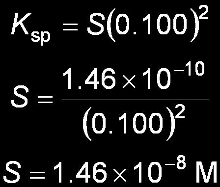 Example: Calculate the molar solubility of CaF 2 in 0.100 M NaF at 25 C substitute into the K sp expression, assume S is small find the value of K sp from Table 16.
