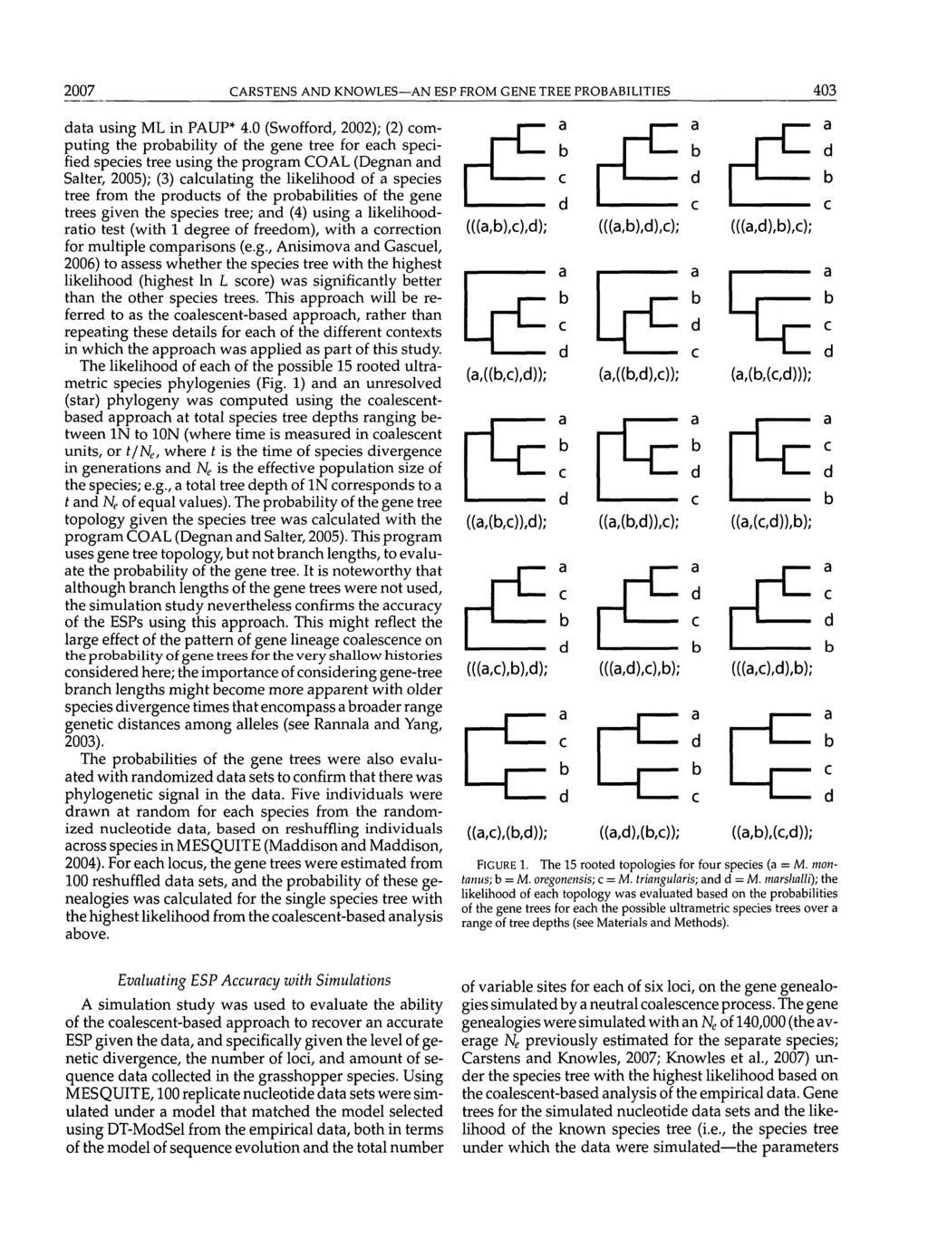 2007 CARSTENS AND KNOWLES AN ESP FROM GENE TREE PROBABILITIES 403 data using ML in PAUP* 4.