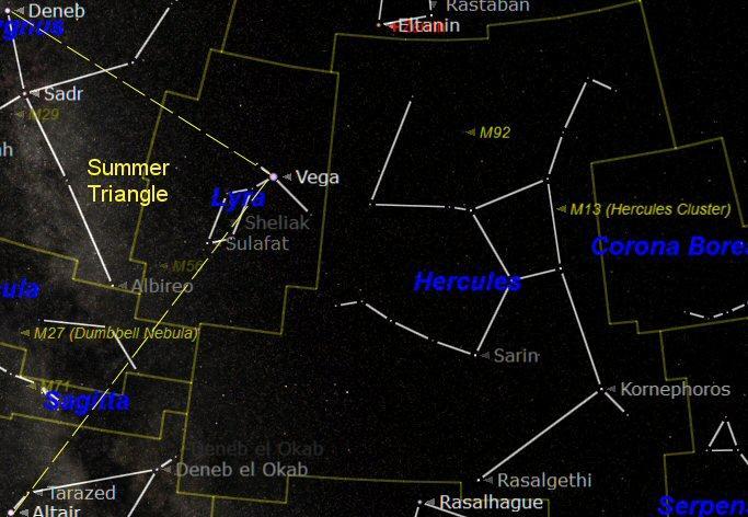 FIRST CONSTELLATION OF THE MONTH HERCULES The chart above shows the constellation of Hercules and its location to the west of the Summer Triangle. Hercules is the great strongman from Greek mythology.