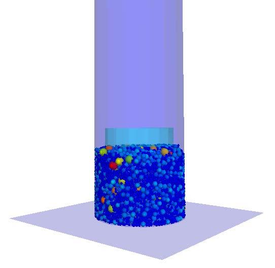 Figure 74: Screenshot of the plate-placement stage of the LWD test in PFC: The cylinder filled with spheres representing the macroscopic particles, and the disc representing the LWD plate resting on