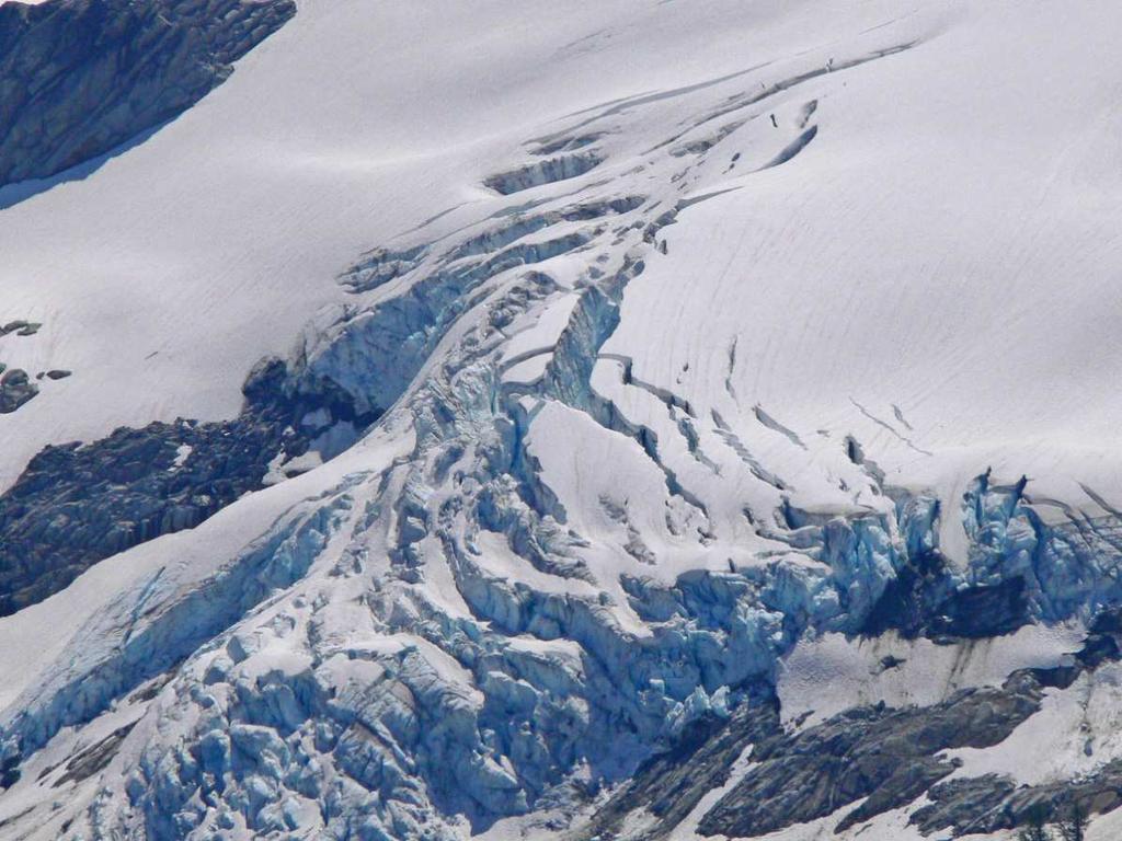 Glacier movement In a typical glacier, two zones of movement may be seen: an upper zone of fracturing (up to 60m deep) where the ice is very cold and brittle it shears under sudden changes of