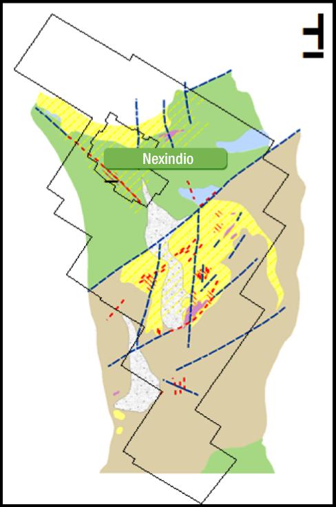 Property Geology Nexindio Structural style the same as El-Indio Property covers several zones of intense hydrothermal alteration ± Property yields a number of mineral showings and rusty zones of