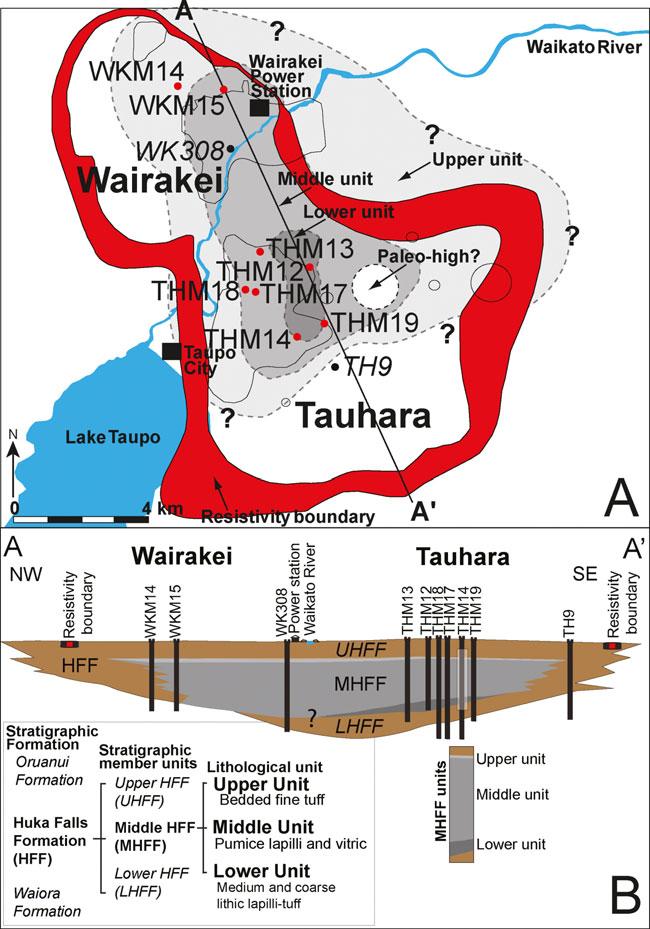 Eruptive origins of a lacustrine pyroclastic succession 333 Figure 2 A, Wairakei Tauhara Geothermal Fields defined by a resistivity boundary (Risk 1984) and geographically divided by the intersection