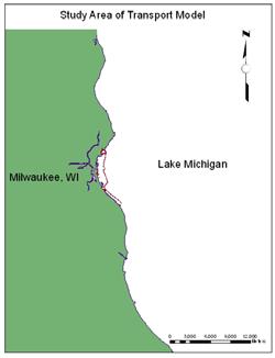 bathymetry. Since the Milwaukee coast is parallel to lines of longitude, the modeling domain must also be aligned parallel to the coast to maximize the number of cells that are not on land.