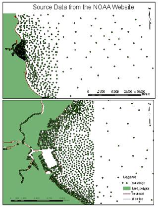 Figure 2: Source data downloaded from the NOAA website which includes the soundings, breakwaters, shoreline, and shoreline polygon. Topology errors existed in the source data.