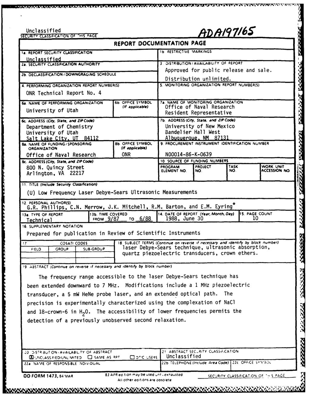 Unclassified A ~ 97 6 SECURITY CLASSI-FICArION OF -HIS "AGE 1 5 REPORT DOCUMENTATION PAGE 'a. REPORT SECuRITY CLASSIFICATION lb RESTRICTIVE MARKINGS Unclassified 2a.