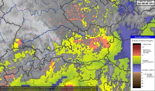 Figure 1: Example of the PGE013 product (Lifted Index), from the SAF PGE013 processing. Unstable areas are delineated in yellow to red, indicating an area of high instability over Austria.