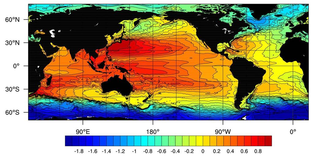 Long-term Mean Global Sea Level 1/12 global HYCOM 5 year model mean using