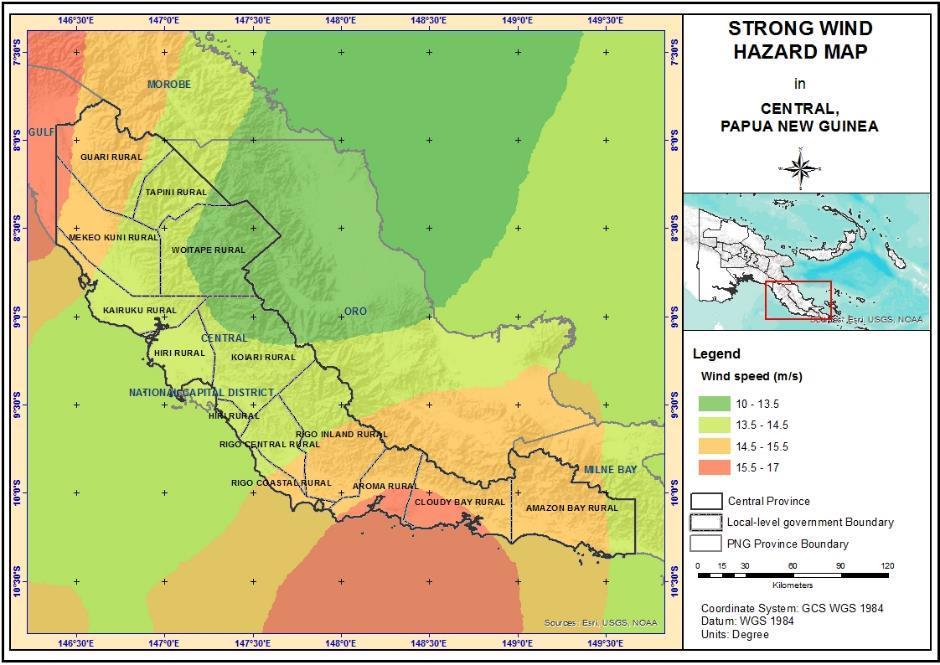 TCM-9/DOC.2.1.1/3, p. 9 Figure 4: Strong winds hazard map of Central Province The figures 4 and 5 show that wind speeds in Central Province reach up to 17 m/s (or 61.