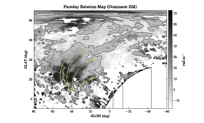 Filaments in the Faraday Rotation Map - Map shows φ of the dominant emission in each pixel (the position of the peak in the RM-Synthesis spectrum for each pixel) - Grey scales chosen to