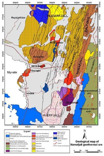 Figure 2 - Structural map of Krafla and Námafjall geothermal areas showing the Krafla caldera and associated fissure swarm. ( from Sæmundsson, 1991). Figure 3 - Geological map of the Námafjall area.