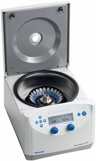 In a compact size, Centrifuges 5430 and 5430 R also accommodate a fixed-angle rotor for 15/50 ml conical tubes, Vacutainer, 10 to 50 ml OakRidge tubes, cryo vials as well as a swingbucket rotor for