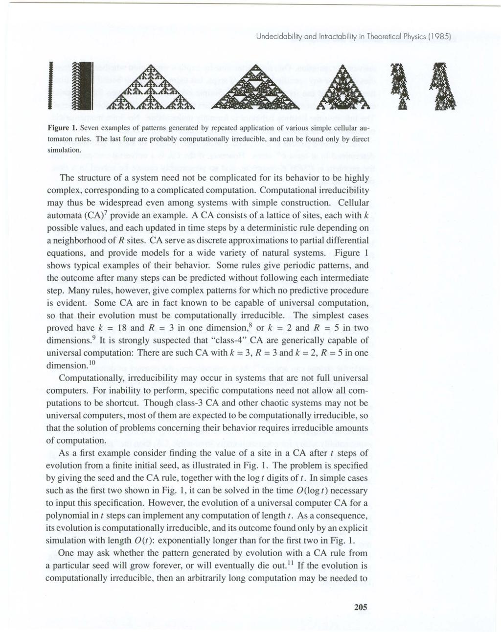Undecidability and Intractability in Theoretical Physics (1985) I Figure 1. Seven examples of patterns generated by repeated application of various simple cellular automaton rules.