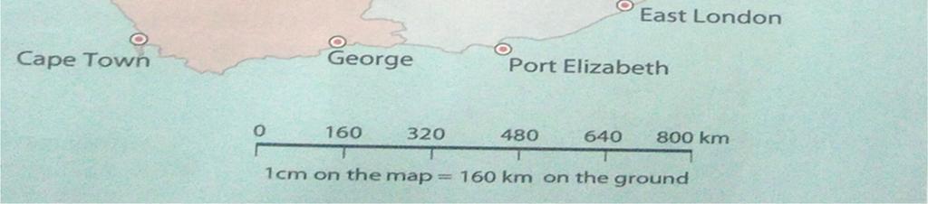 How many km on the ground is of 4cm on the map of South Africa? [2] c.