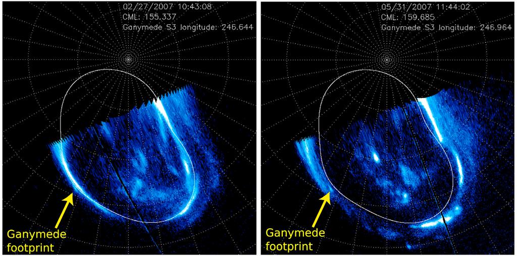 Figure 1. Polar projection of the northern hemisphere aurora (left) on February 27th and (right) on May 21st 2007. The observing geometry was very similar, with CMLs of 155.3 and 159.