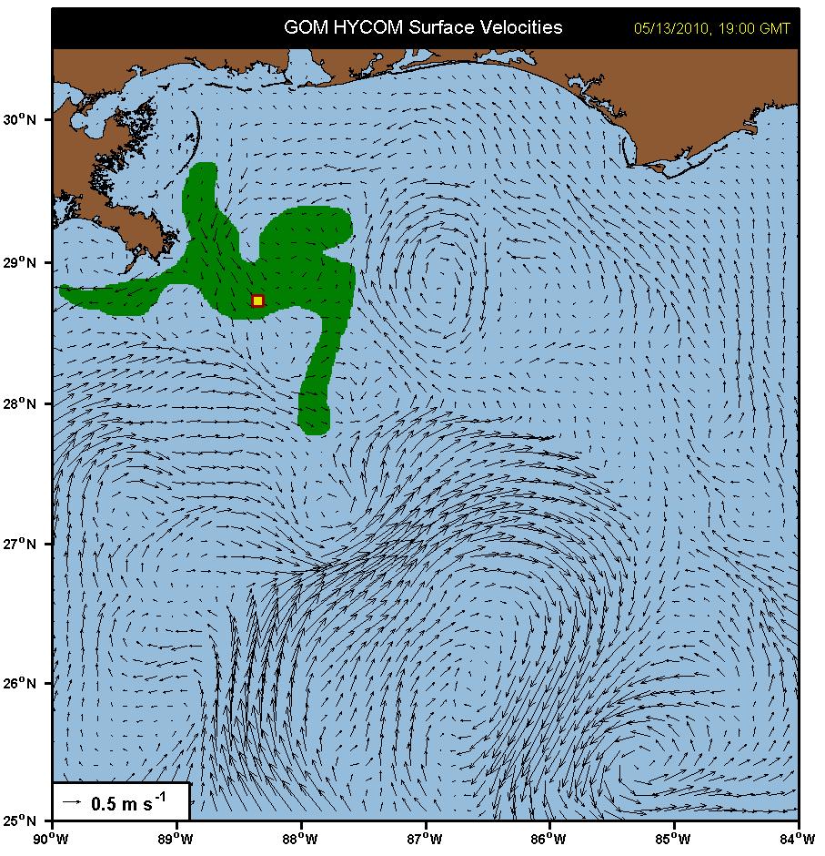 Figure 3: (top) Initial Deepwater Horizon oil spill position (in green) estimated from a satellite image on 1900 UT, 13 May