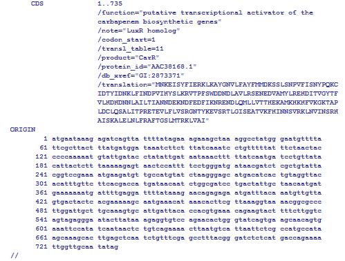 Chapter 7 Fig.7.3 Gen-bank sequence file Sequences in FASTA formatted files are preceded by a line starting with >. The first word on this line is the name of the sequence.